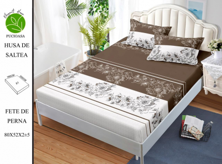 OFERTE SPECIALE - Husa de pat cu elastic 180x200 din Bumbac Finet + 2 Fete de Perna - Maro/Alb Cu Flori