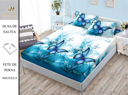 OFERTA TRIO Huse de pat cu elastic la doar 159 RON - Husa de pat cu elastic 180x200 din Bumbac Finet + 2 Fete de Perna - Fluturi