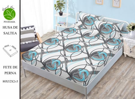 OFERTE SPECIALE - Husa de pat cu elastic 180x200 din Bumbac Finet + 2 Fete de Perna - Abstract Gri/Turcoaz