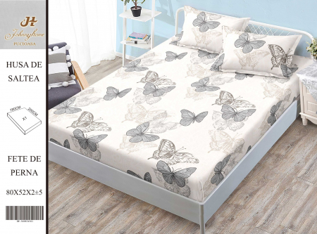 OFERTA TRIO Huse de pat cu elastic la doar 159 RON - Husa de pat cu elastic 180x200 din Bumbac Finet + 2 Fete de Perna - Fluturi