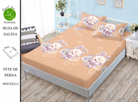 OFERTE SPECIALE - Husa de pat cu elastic 180x200 din Bumbac Finet + 2 Fete de Perna - Portocaliu Cu Flori