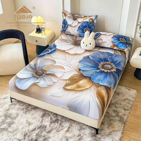 HUSE DE PAT CU ELASTIC - Husă de Pat cu Elastic 5D din Bumbac Finet + 2 Fețe de Pernă – 180×200 cm – LPHBFCE96