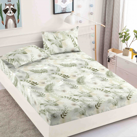 OFERTE SPECIALE - Husa de pat cu elastic din Bumbac Finet + 2 Fete de Perna - Gri Cu Ferigi