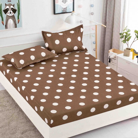 OFERTE SPECIALE - Husa de pat cu elastic din Bumbac Finet + 2 Fete de Perna - Maro Cu Buline
