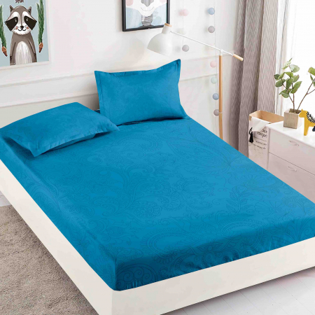 OFERTE SPECIALE - Husa de pat cu elastic din Bumbac Finet + 2 Fete de Perna - Albastru Cu Model