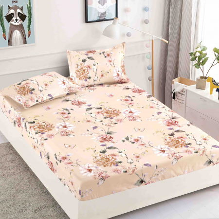 OFERTE SPECIALE - Husa de pat cu elastic din Bumbac Finet + 2 Fete de Perna - Crem Cu Floricele