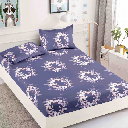 OFERTE SPECIALE - Husa de pat cu elastic din Bumbac Finet + 2 Fete de Perna - Mov cu Fluturi