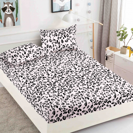 OFERTE SPECIALE - Husa de pat cu elastic din Bumbac Finet + 2 Fete de Perna - Leopard Alb
