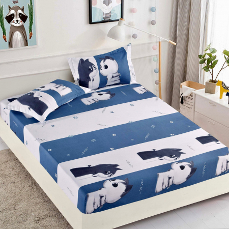OFERTE SPECIALE - Husa de pat cu elastic din Bumbac Finet + 2 Fete de Perna, Miau