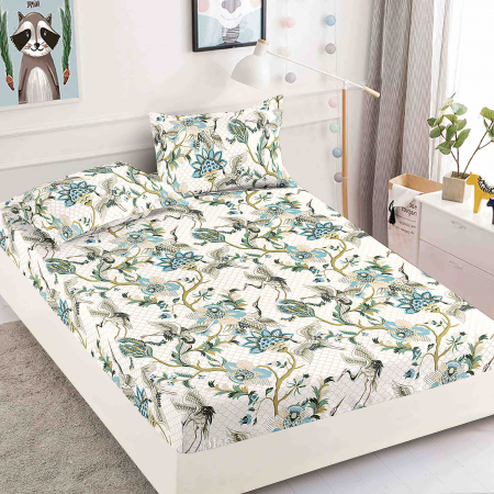 OFERTE SPECIALE - Husa de pat cu elastic din Bumbac Finet + 2 Fete de Perna - Floricele Albastru