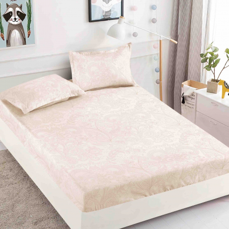 OFERTE SPECIALE - Husa de pat cu elastic din Bumbac Finet + 2 Fete de Perna - Crem Cu Model