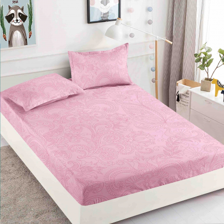 OFERTE SPECIALE - Husa de pat cu elastic din Bumbac Finet + 2 Fete de Perna - Roz Cu Model
