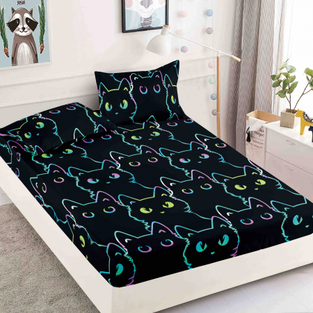 OFERTE SPECIALE - Husa de pat cu elastic din Bumbac Finet + 2 Fete de Perna - Pisici