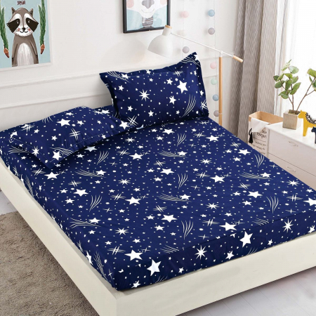Huse De Pat - 1 Persoana - Husa Din Bumbac Tip Finet Cu Elastic 1 Persoana, Stelute Albe