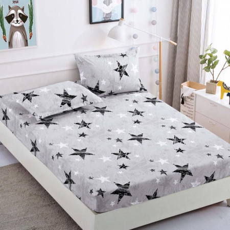 Huse De Pat - 1 Persoana - Husa Din Bumbac Tip Finet Cu Elastic 1 Persoana, Gri Cu Stelute Alb/Negru