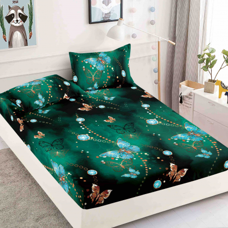 Huse De Pat - 1 Persoana - Husa Din Bumbac Tip Finet Cu Elastic 1 Persoana, Verde cu Fluturi