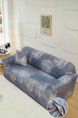 HUSE CANAPEA 2 LOCURI - Husă Elastică pentru Canapea 2 Locuri – Silver Monstera Blue