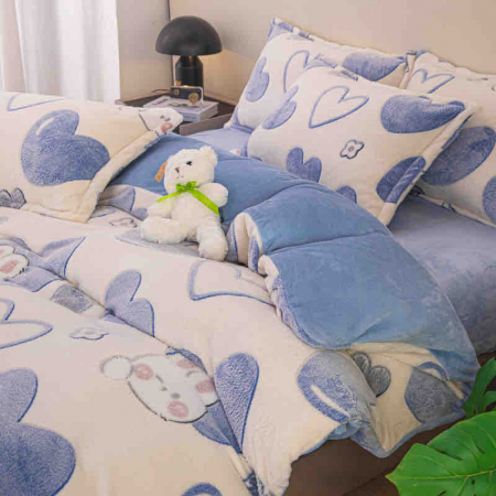 Lenjerie Cocolino Pat Dublu, 4 piese, cu ELASTIC - Albastru cu Inimioare & Iepurasi [1]