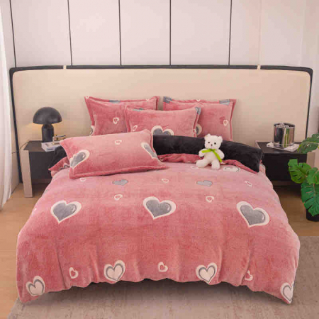 Lenjerii Cocolino Cu Elastic - Lenjerie Cocolino Pat Dublu, 4 piese, cu ELASTIC - Roz cu Inimioare
