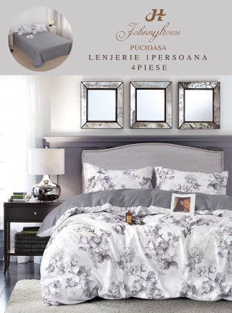 OFERTE SPECIALE - Lenjerie De Pat 1 Persoana, 4 Piese, Bumbac Finet - Gri / Alb