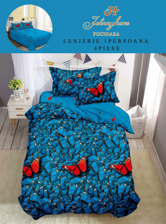 OFERTE SPECIALE - Lenjerie De Pat 1 Persoana, 4 Piese, Bumbac Finet - Fluturi albastri si rosii