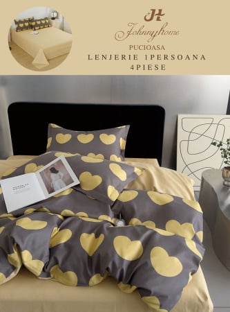 OFERTE SPECIALE - Lenjerie De Pat 1 Persoana, 4 Piese, Bumbac Finet - Inimioare Galbene