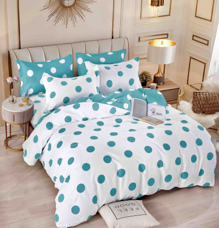 OFERTE SPECIALE - Lenjerie De Pat 1 Persoana - Alb/Turcoaz cu Buline