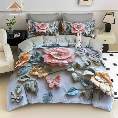LENJERII DE PAT - Lenjerie de Pat Bumbac Finet 5D 4 Piese cu Elastic 140x200 – Bloom Grace