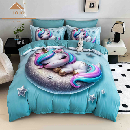 LENJERII DE PAT - Lenjerie de Pat Bumbac Finet 5D 4 Piese cu Elastic 140x200 – Moon Unicorn