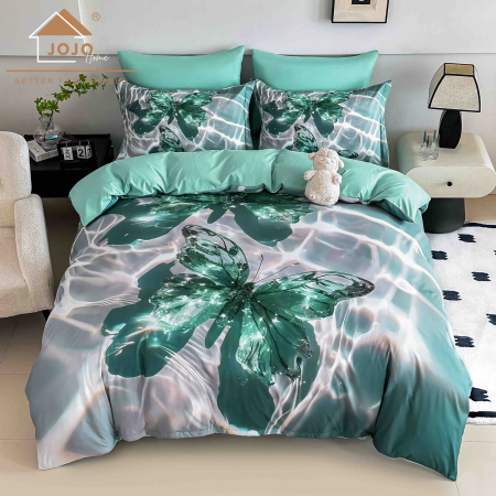 LENJERII DE PAT - Lenjerie de Pat Bumbac Finet 5D 4 Piese cu Elastic 140x200 – Emerald Butterfly