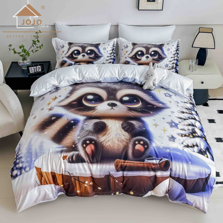 140x200 cu Elastic - Lenjerie de Pat Bumbac Finet 5D 4 Piese cu Elastic 140x200 – Snowy Raccoon