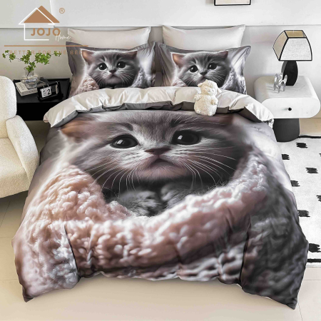 LENJERII DE PAT - Lenjerie de Pat Bumbac Finet 5D 4 Piese cu Elastic 140x200 – Kitty Cuddle