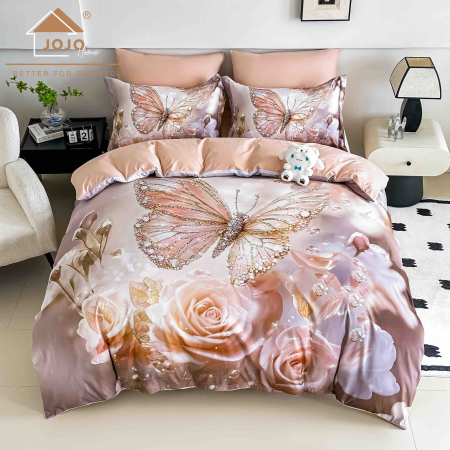 LENJERII DE PAT - Lenjerie de Pat Bumbac Finet 5D 4 Piese cu Elastic 140x200 – Blush Butterfly
