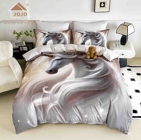 LENJERII DE PAT - Lenjerie de Pat Bumbac Finet 5D 4 Piese cu Elastic 140x200 – Silver Unicorn