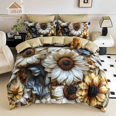 140x200 cu Elastic - Lenjerie de Pat Bumbac Finet 5D 4 Piese cu Elastic 140x200 – Golden Sunflower