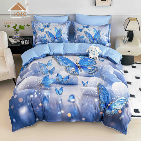 LENJERII DE PAT - Lenjerie de Pat Bumbac Finet 5D 4 Piese cu Elastic 140x200 – Azure Wings