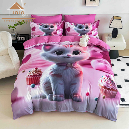 LENJERII DE PAT - Lenjerie de Pat Bumbac Finet 5D 4 Piese cu Elastic 140x200 – Sweet Kitty