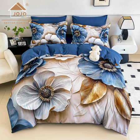 Lenjerii Finet 5D - Lenjerie de Pat Bumbac Finet 5D 6 Piese cu Elastic 180x200 – Blue Harmony