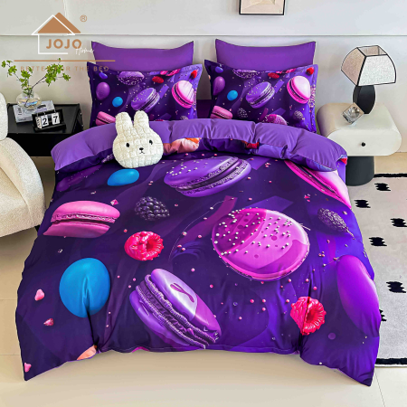 180x200 cu Elastic - Lenjerie de Pat Bumbac Finet 5D 6 Piese cu Elastic 180x200 – Purple Macarons