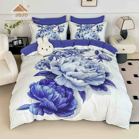 Lenjerii Finet 5D - Lenjerie de Pat Bumbac Finet 5D 6 Piese cu Elastic 180x200 – Blue Peony Elegance