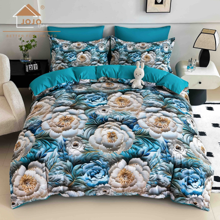 Lenjerii Finet 5D - Lenjerie de Pat Bumbac Finet 5D 6 Piese cu Elastic 180x200 – Azure Bloom