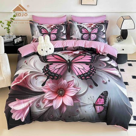 Lenjerii Finet 5D - Lenjerie de Pat Bumbac Finet 5D 6 Piese cu Elastic 180x200 – Pink Butterfly Dream