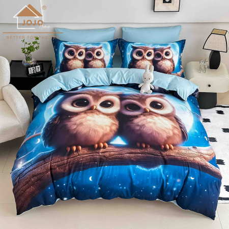 Lenjerii Finet 5D - Lenjerie de Pat Bumbac Finet 5D 6 Piese cu Elastic 180x200 – Moon Owls