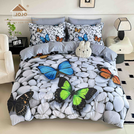 Lenjerii Finet 5D - Lenjerie de Pat Bumbac Finet 5D 6 Piese cu Elastic 180x200 – Butterfly Pebbles