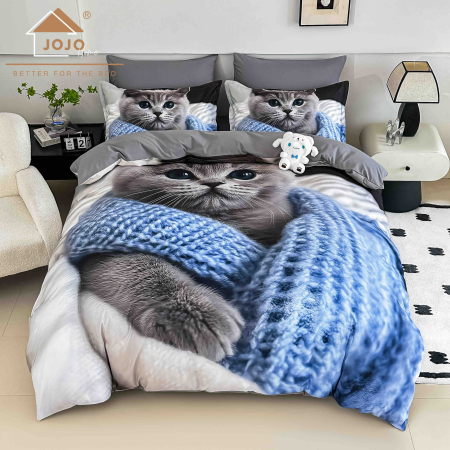 Lenjerii Finet 5D - Lenjerie de Pat Bumbac Finet 5D 6 Piese cu Elastic 180x200 – Blue Cuddle Kitty