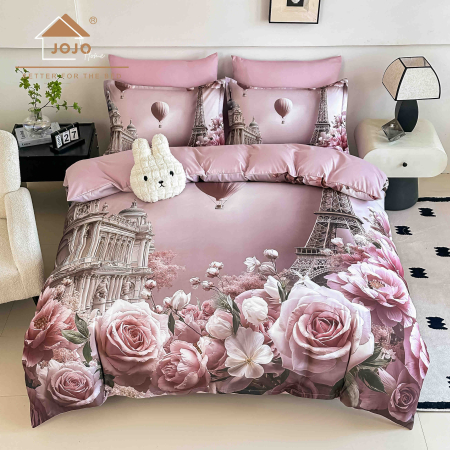Lenjerii Finet 5D - Lenjerie de Pat Bumbac Finet 5D 6 Piese cu Elastic 180x200 – Paris Romance