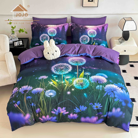 Lenjerii Finet 5D - Lenjerie de Pat Bumbac Finet 5D 6 Piese cu Elastic 180x200 – Mystic Dandelion