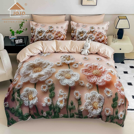 Lenjerii Finet 5D - Lenjerie de Pat Bumbac Finet 5D 6 Piese cu Elastic 180x200 – Blush Blossom