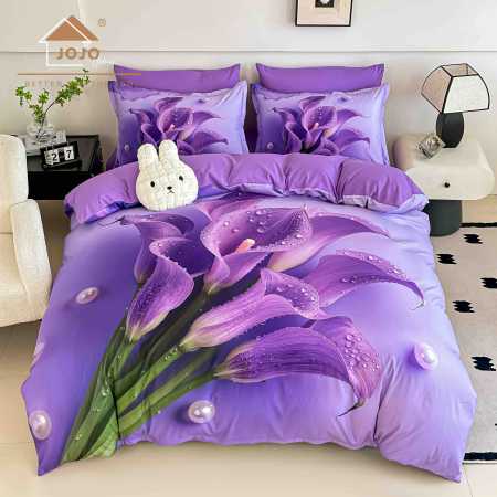 180x200 cu Elastic - Lenjerie de Pat Bumbac Finet 5D 6 Piese cu Elastic 180x200 – Purple Calla