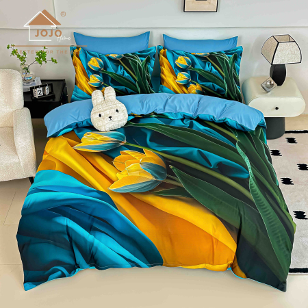 Lenjerii Finet 5D - Lenjerie de Pat Bumbac Finet 5D 6 Piese cu Elastic 180x200 – Golden Tulips